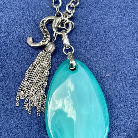 Silver colored necklace with large aqua colored stone, letter S & silver tassel - Picture 7 of 8